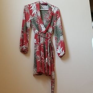 Haute Rouge Leaf Print Tie Belt Dress